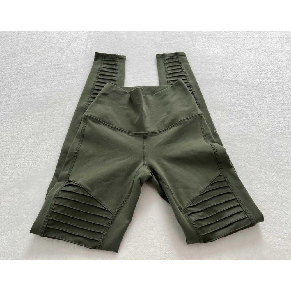 Alo Yoga High Waisted Moto Leggings With Ribbed Panels Olive Green Womens XS